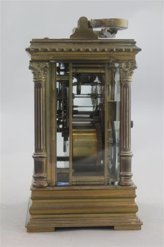 An early 20th century French brass hour repeating carriage clock, 6.5in.